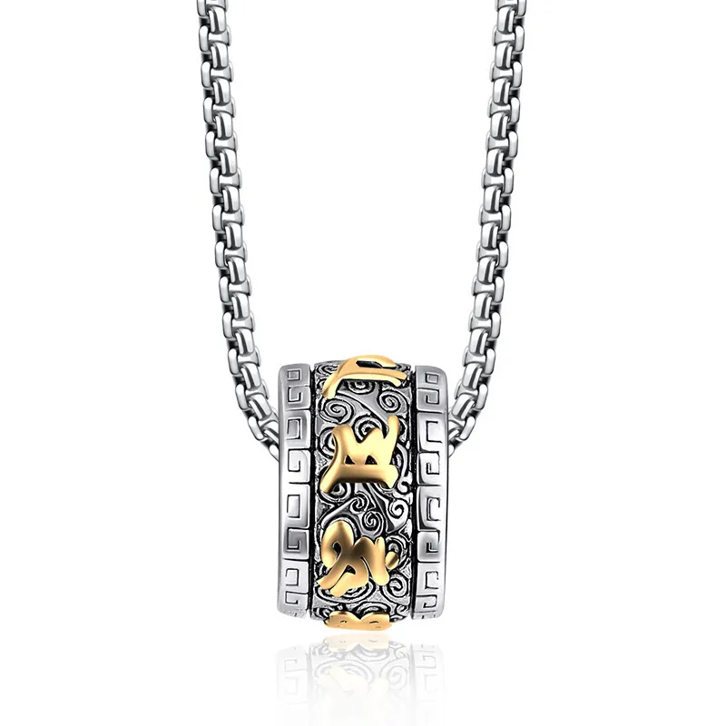 Collier Pendentif Cylindre En Acier Inoxydable Vintage Bijoux Mantra Bouddhiste Rétro Accessoires Pour Hommes Et Femmes