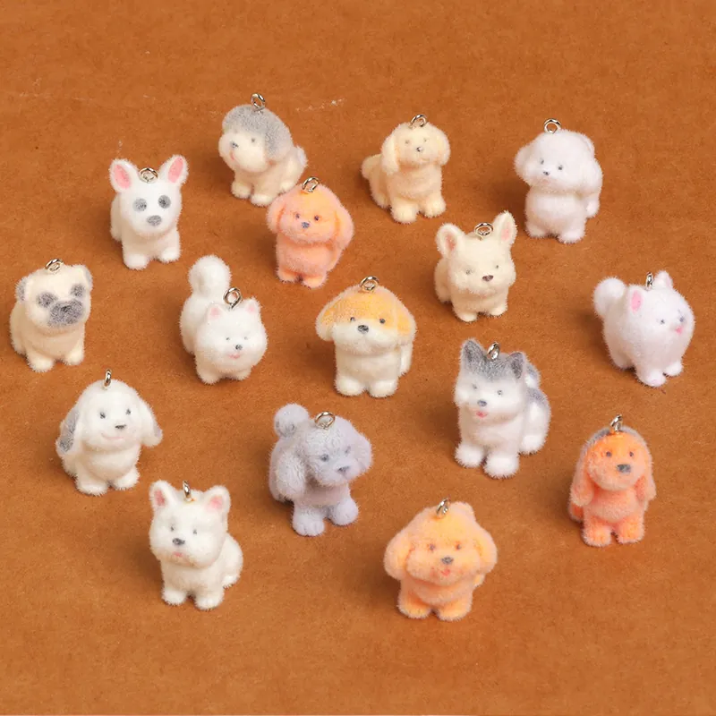 Mini Flocked Dog Pendants Cute Puppy Animal Charms For DIY Keychain Bag Phone Accessories Jewelry Making Realistic
