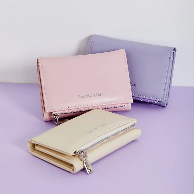 Women Short Tri-fold Wallet PU Leather Snap Closure Zipper Coin Pocket Multiple Card Slots Minimalist Solid Color Purse