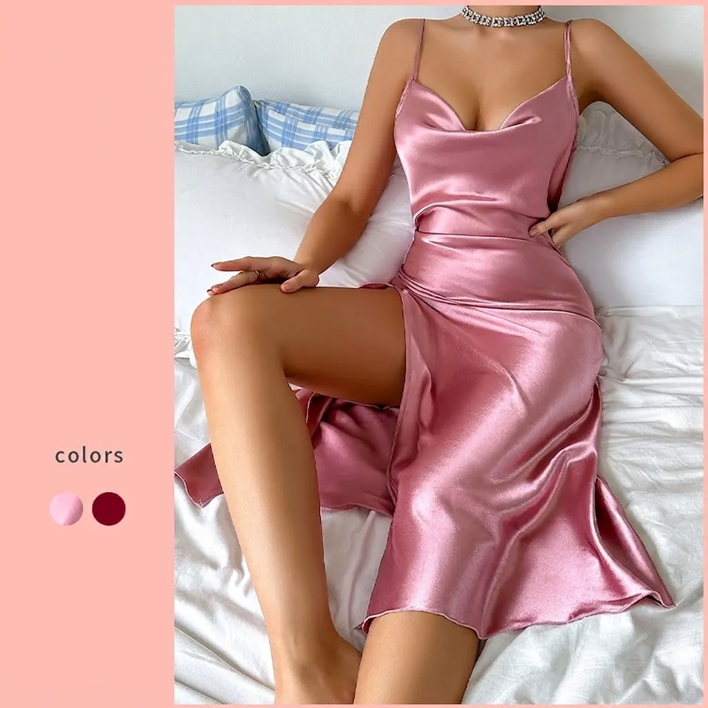 Nuisette En Satin Pour Femmes Col Bénitier Fines Bretelles Vêtements De Nuit Fente Latérale Dos Nu Robe De Chambre Imitation Satin