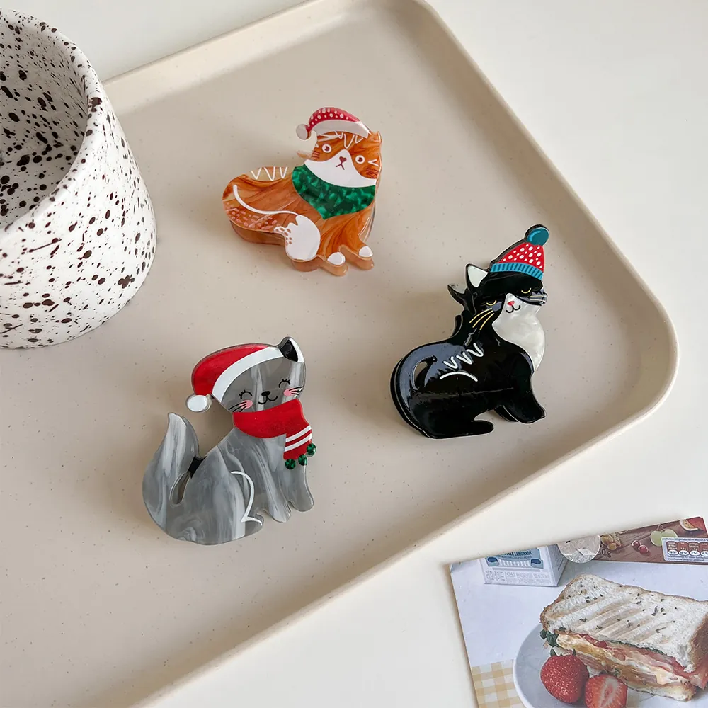 Christmas Cat Hair Claw Clip Acetate Acrylic Animal Shape Holiday Xmas Party Hair Accessory For Women