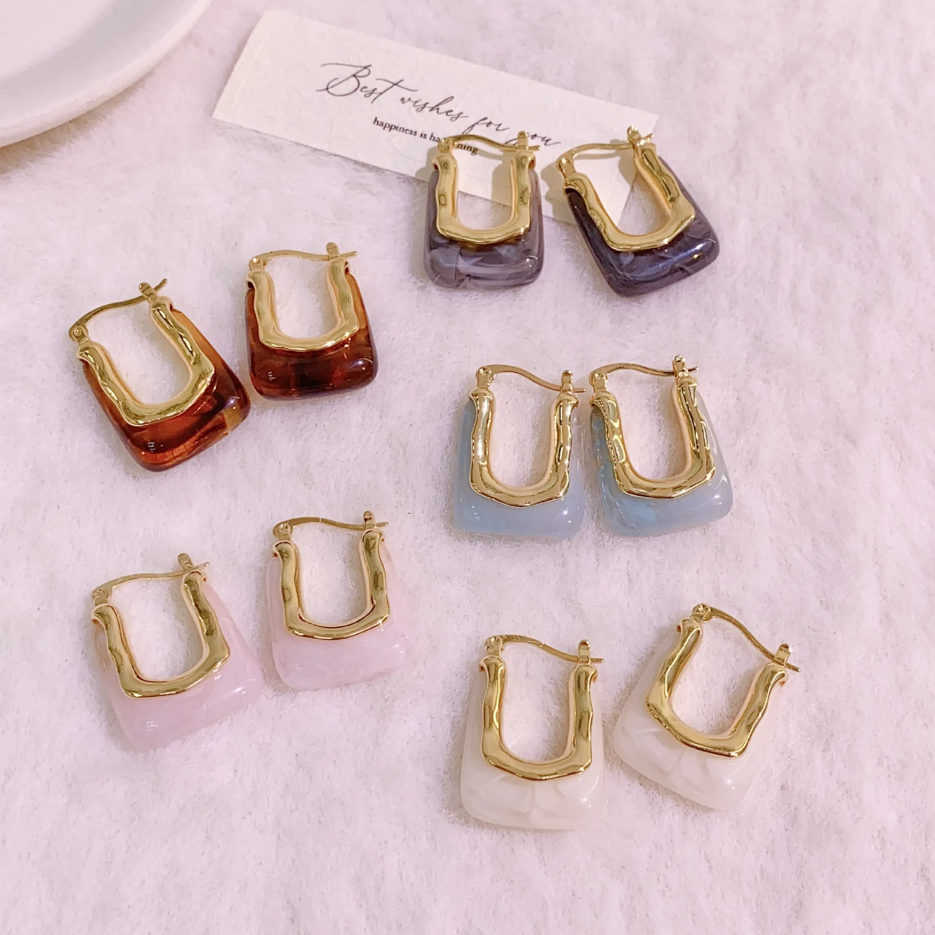 Vintage Geometric U-Shaped Hoop Earrings Copper Gold Plated Marble Texture Resin Elegant Jewelry For Women