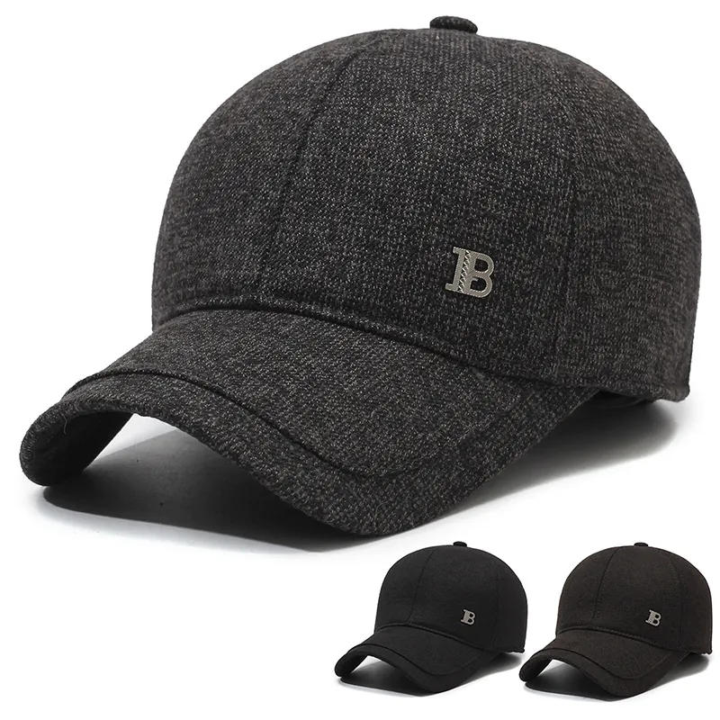 Men Winter Warm Baseball Cap Wool Blend With Earflaps Windproof Adjustable Thick Outdoor Cold Weather Hat