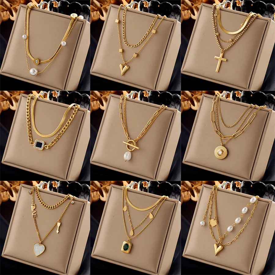 Stainless Steel Layered Necklace With Heart Cross Artificial Pearl Pendants Vintage Fashion Jewelry For Women