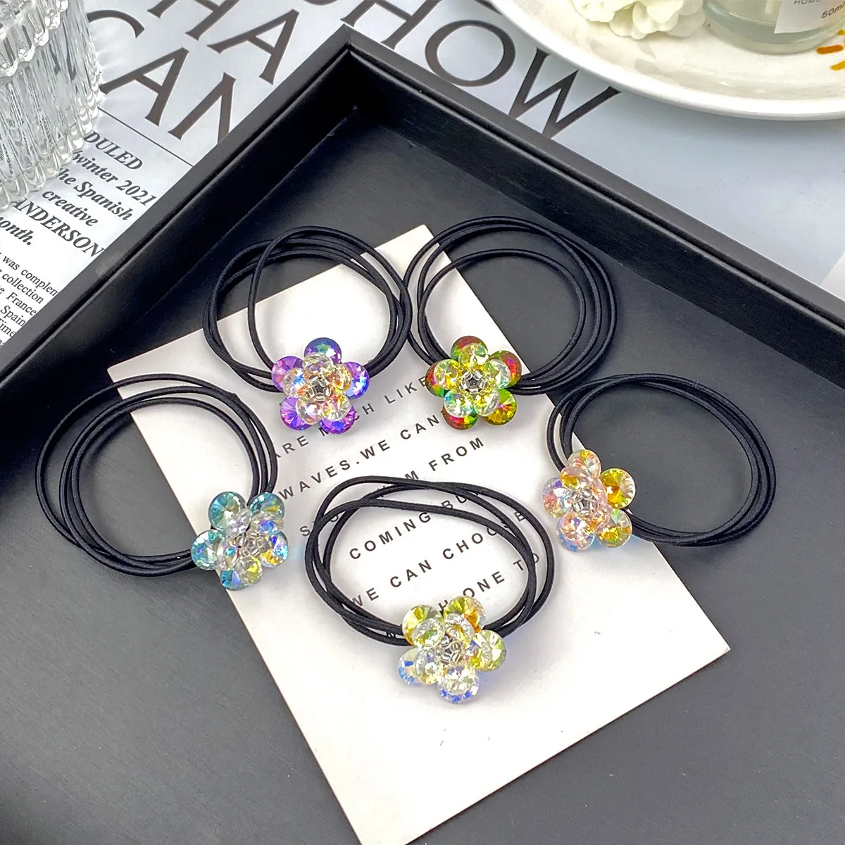 Elegant Crystal Flower Hair Tie Sparkling Rhinestone Petal Double Layer Ponytail Holder Hair Accessory For Women