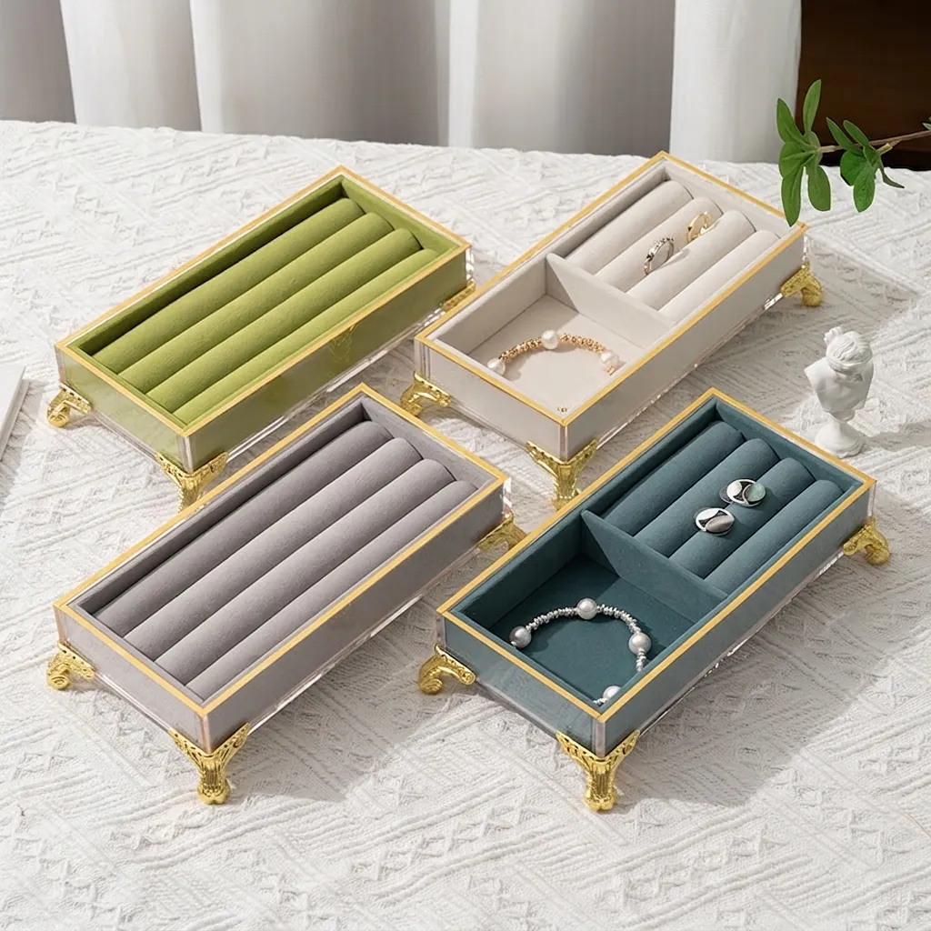 Luxury Jewelry Display Tray Box With Acrylic Frame And Velvet Lining Vintage Ring Earring Necklace Storage Organizer Case