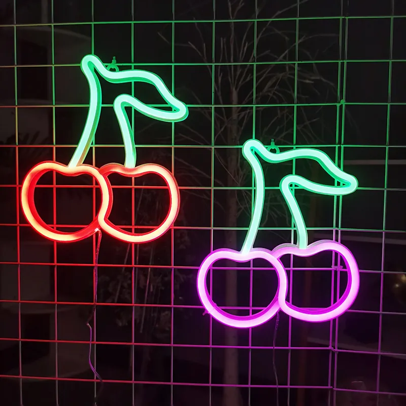 Cherry Shape LED Neon Sign Wall Decorative Light Dual Powered USB Battery Operated Atmosphere Lamp For Bedroom Party Decor