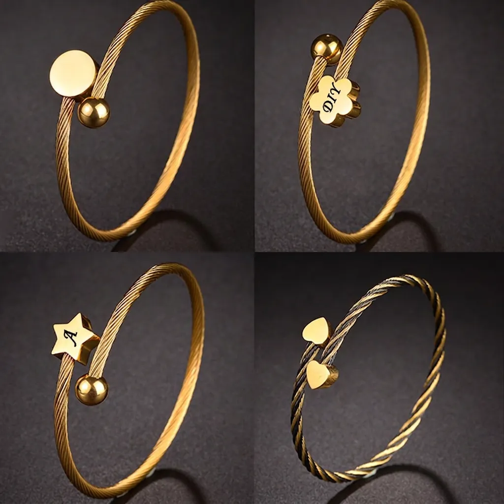 Bracelet Jonc Ouvert En Acier Titane Câble Étoile Cœur Fleur Minimaliste Bijoux Pour Femmes Accessoire Mode