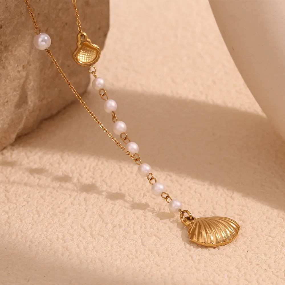 Shell Pendant Necklace Stainless Steel 18K Gold Plated Faux Artificial Pearl Y Shaped Retro Elegant Jewelry For Women