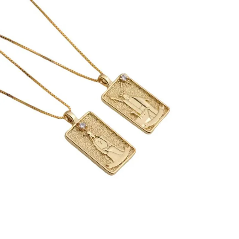Collier Carte De Tarot Cuivre Plqué Or Pendentif Rectangulaire Zircon Dieu Du Soleil Bijoux Vintage Femmes