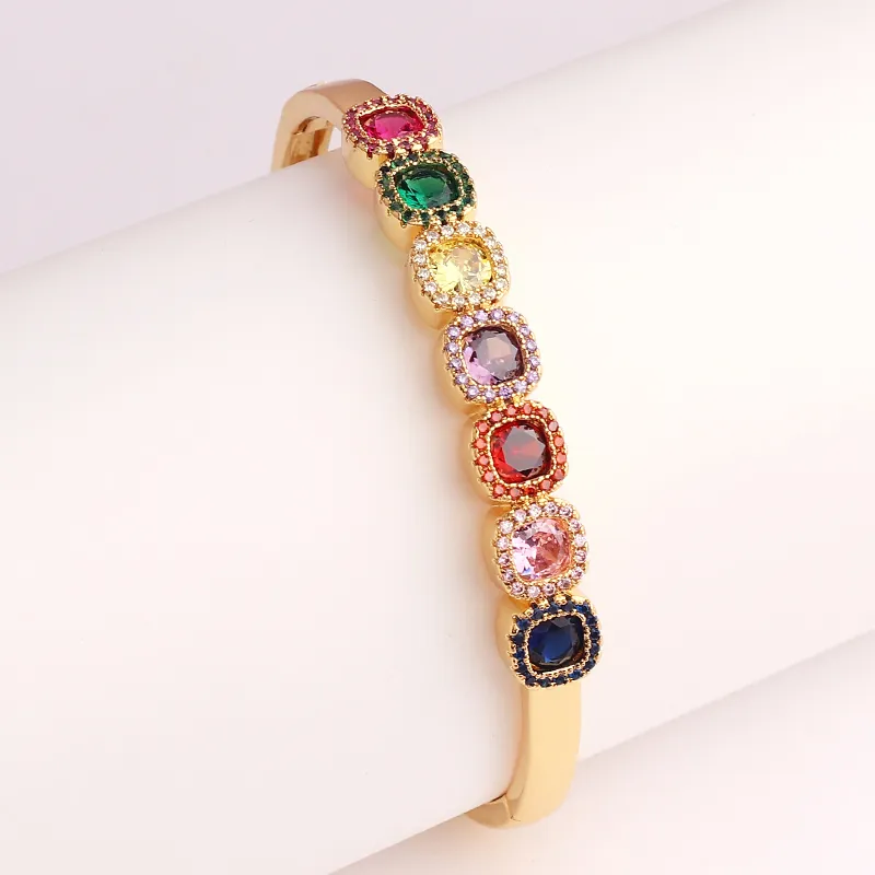 Rainbow Square Cubic Zirconia Bangle 18K Gold Plated Brass Micro Inset Colorful Gemstone Bracelet For Women