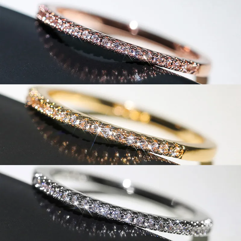 Bague de Couple en Alliage de Zinc Minimaliste avec Strass sur une Rangée pour Femmes Plaqué Or Rose Or Argent Bijou de Mode