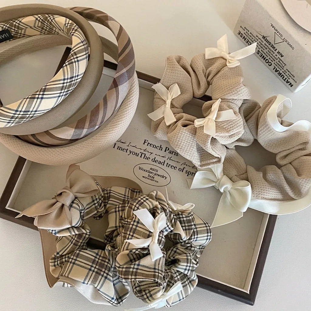 Elegant Plaid Bow Hair Scrunchies Fabric Elastic Ponytail Holder Korean Vintage Hair Accessories For Women Girls