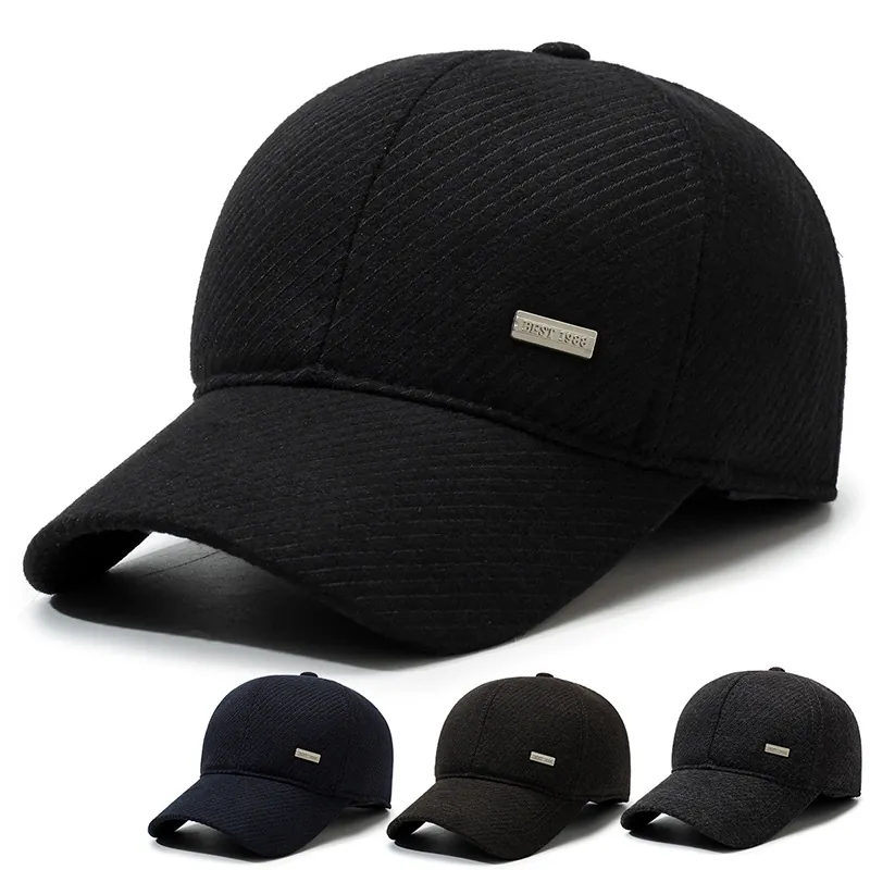 Men Winter Baseball Cap Woolen Fabric Warm Windproof With Ear Flaps Adjustable Outdoor Hat For Dad