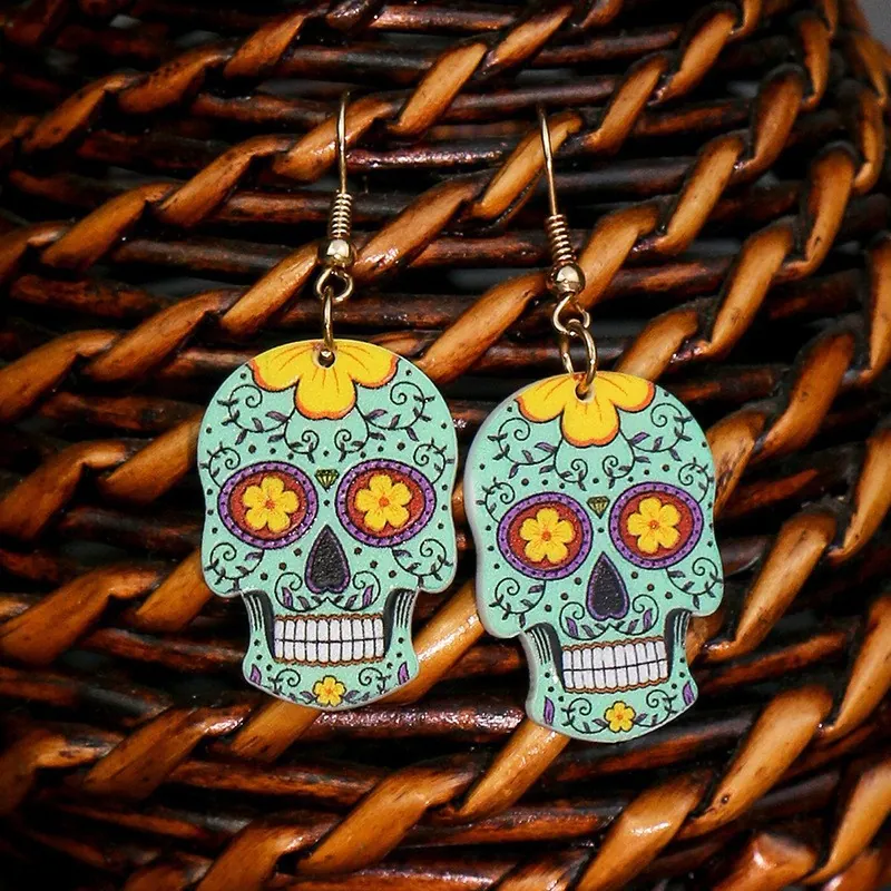 Halloween Skull Acrylic Dangle Earrings Sugar Skull Mexican Day Of The Dead Floral Print Hip Hop Party Jewelry