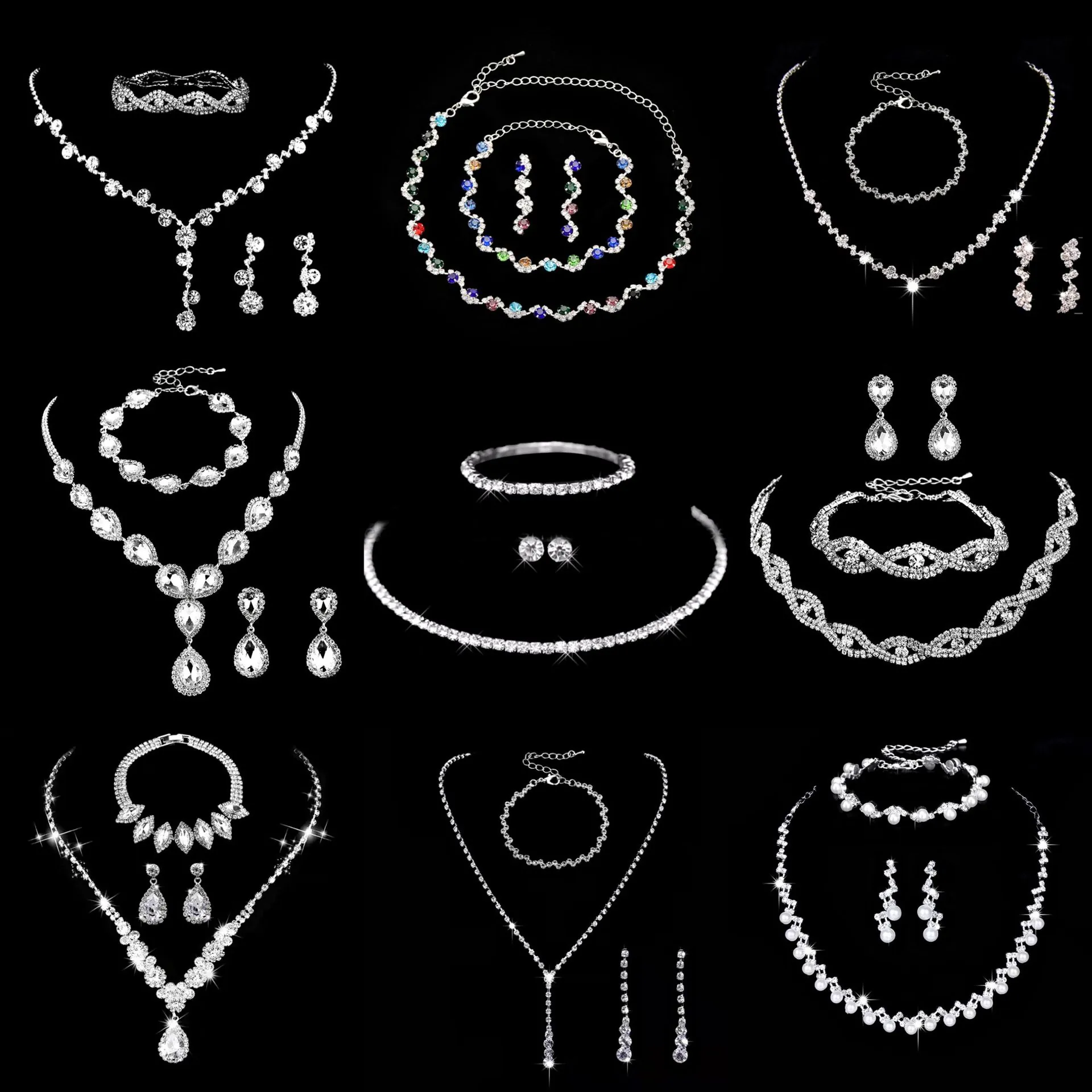 Copper Rhinestone Shiny Teardrop Necklace Earrings Bracelet Bridal Jewelry For Wedding Party Banquet Women Fashion Silver Plated
