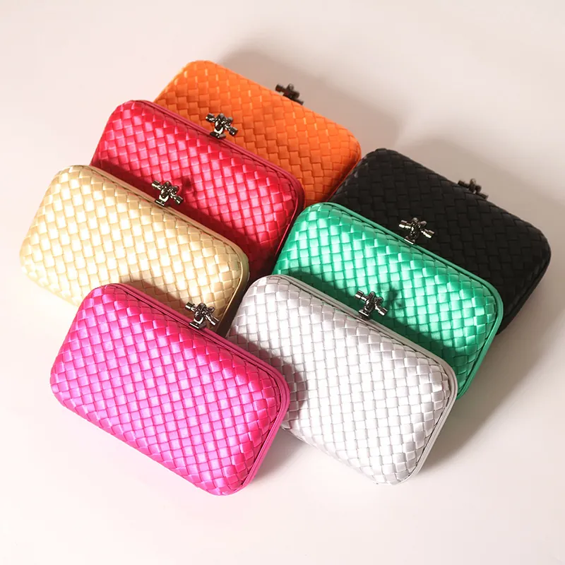 Woven Satin Evening Clutch Bag With Metal Knot Clasp Retro Boxy Party Purse For Women Chain Shoulder Bag