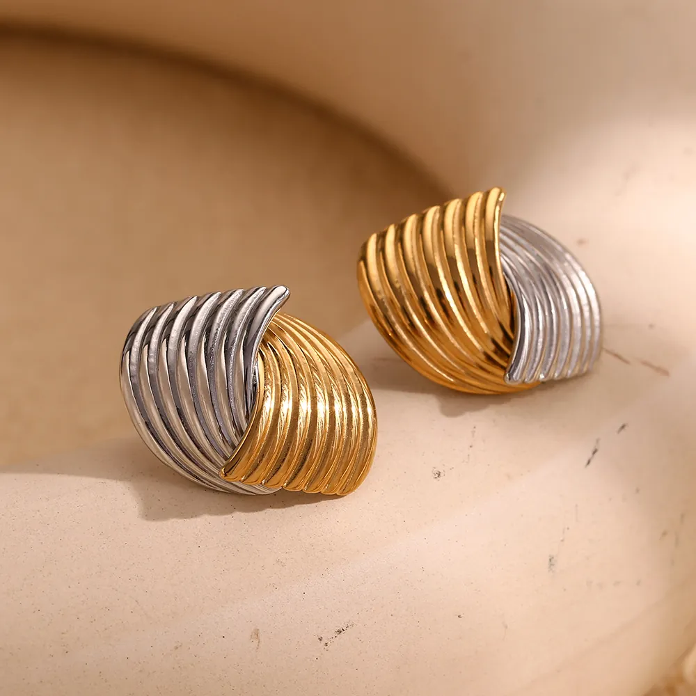 Stainless Steel Stud Earrings 18K Gold Plated Two-Tone Fan-Shaped Geometric Striped Texture Fashion Jewelry For Women