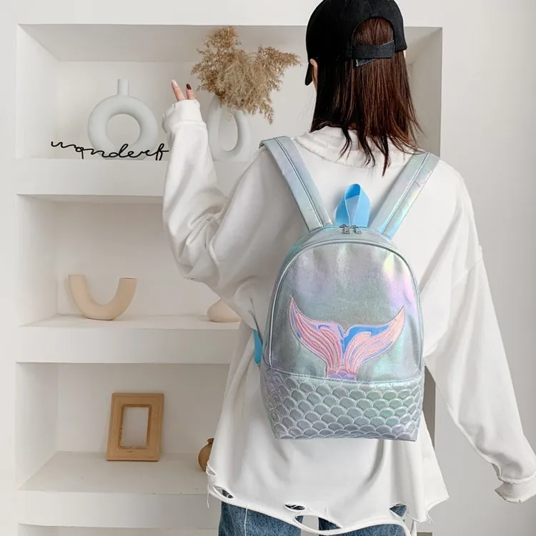Mermaid Backpack Holographic Laser PU Leather Embroidery Fish Scale Pattern Cute Shiny School Bag For Girls Kids Students