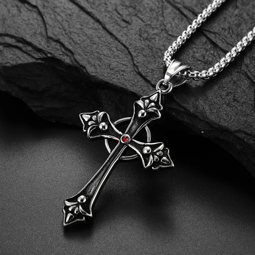 Gothic Stainless Steel Cross Pendant Necklace For Men Women Vintage Hip Hop Religious Jewelry Red Rhinestone Inlaid Steel Color Accessories