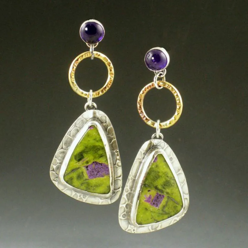 Boucles D'Oreilles Pendantes Bohèmes Vintage Avec Améthyste Naturelle Et Pierre Gemme Métal Martelée Géométrique Pour Femmes