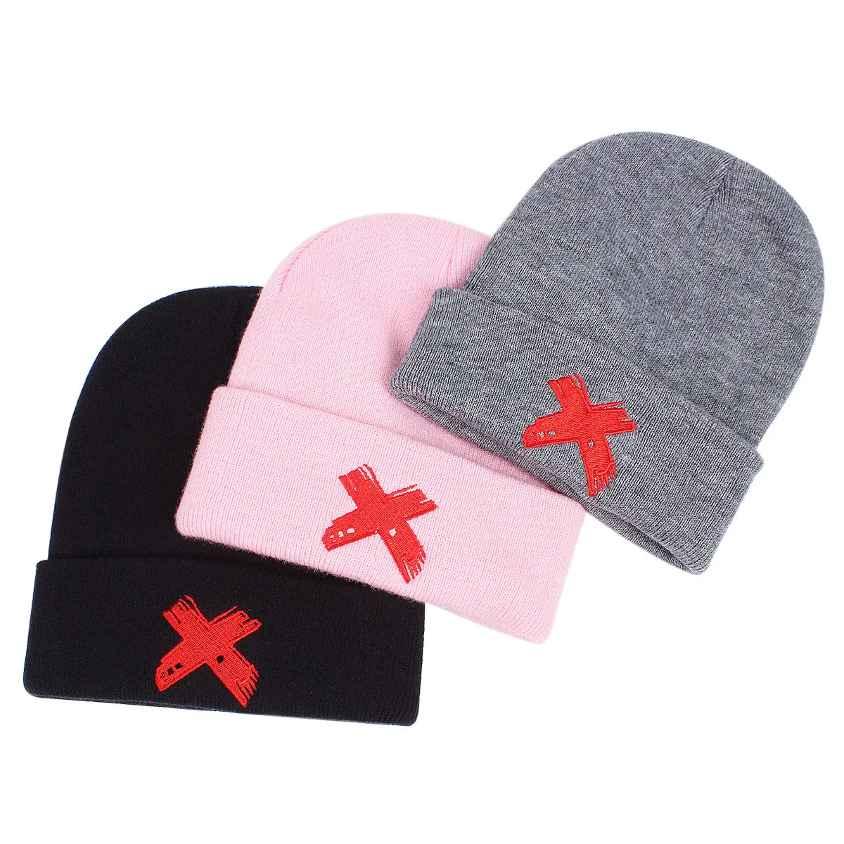 Bonnet En Maille Tricoté Avec Broderie X Rouge Revers Côtelé Hiver Chaud Coton Acrylique Streetwear Accessoire