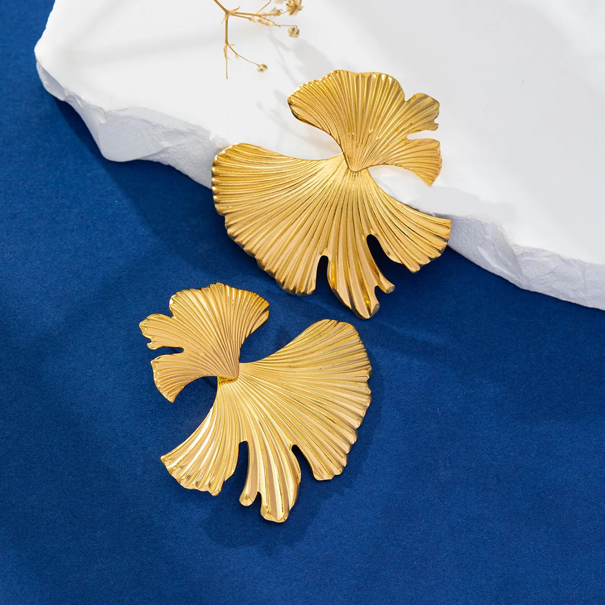 Ginkgo Leaf Earrings 18K Gold Plated Stainless Steel 3D Textured Elegant Statement Ear Studs For Women