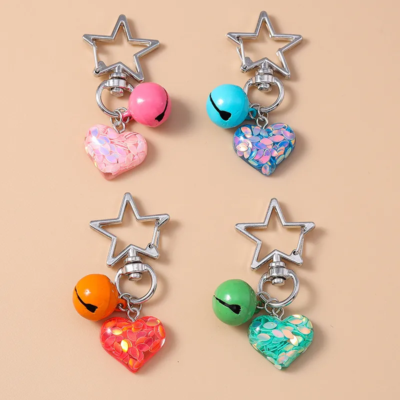 Heart Sequin Keychain With Star Metal Buckle And Colorful Bell Bag Pendant For Women Girls Cute Accessory