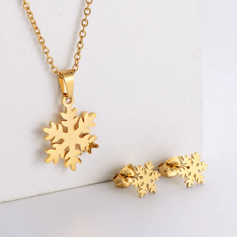 Schneeflocke Halskette Und Ohrringe 18K Vergoldeter Edelstahl Schmuck Ausgehöhlt Winter Weihnachten Feiertagsgeschenk Damen