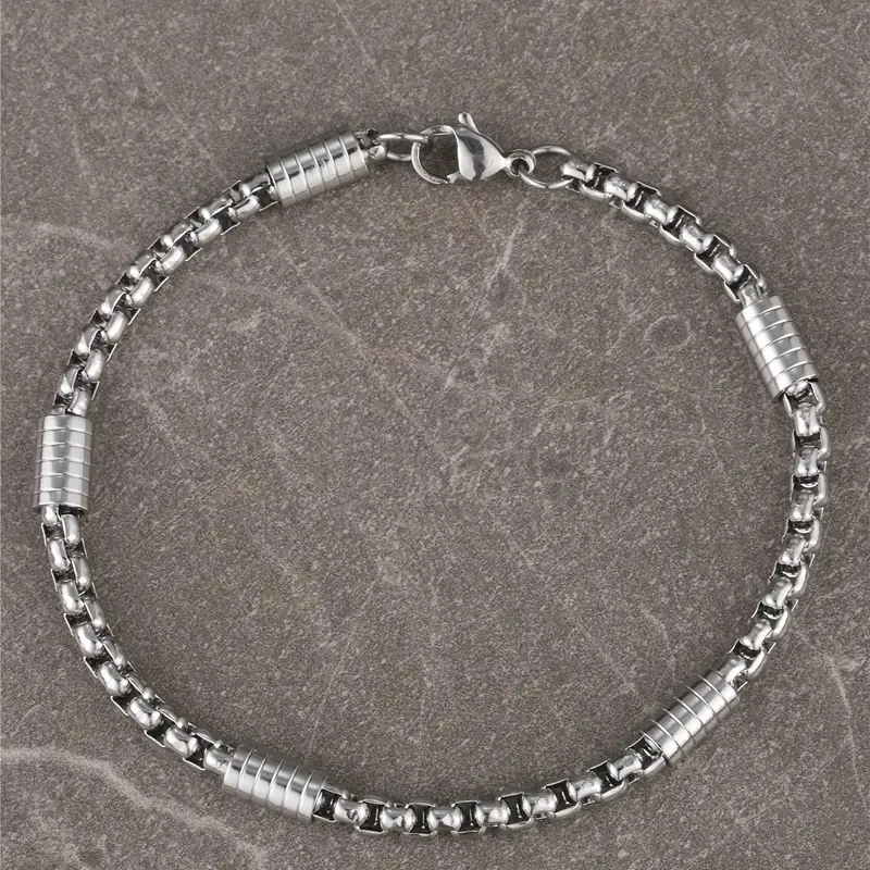 Box Chain Bracelet Stainless Steel With Cylindrical Grooved Beads Punk Hip Hop Style Jewelry For Men Women