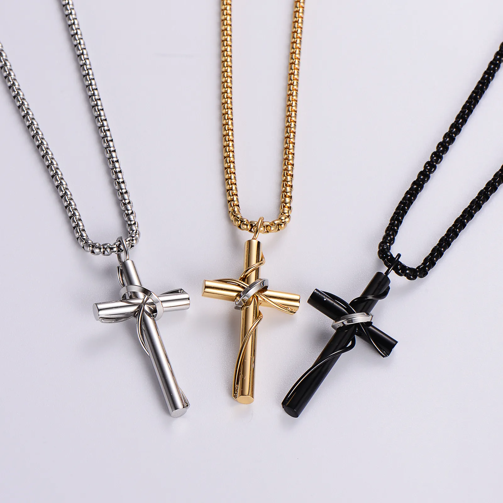 Cross Pendant Necklace 316L Stainless Steel Wrapped Knot Design Box Chain Religious Fashion Jewelry For Men Women