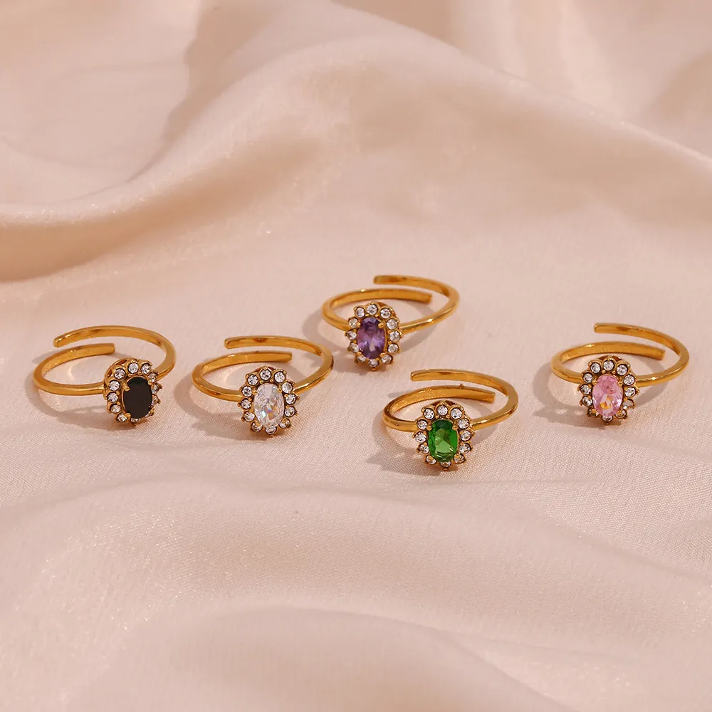 Oval Zircon Halo Ring Stainless Steel 18K Gold Plated Adjustable Opening Elegant Luxury Jewelry For Women