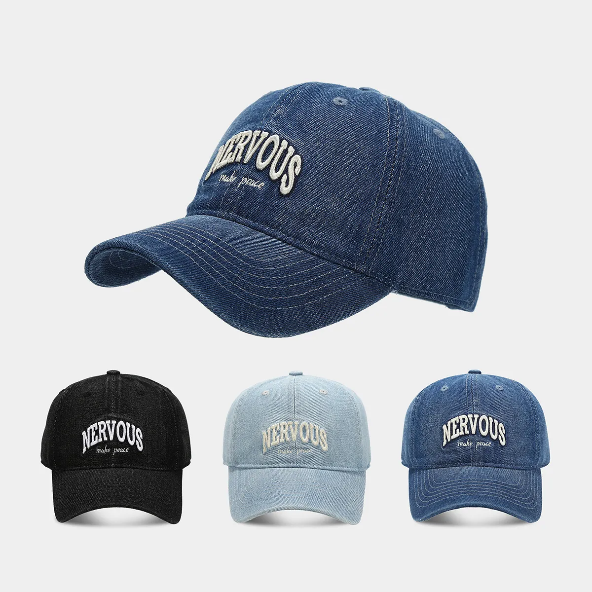 Vintage Washed Denim Baseball Cap Nervous Make Peace Letter Embroidered Casual Retro Adjustable Hat Unisex