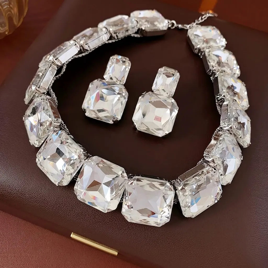 Set Di Gioielli Con Collana E Orecchini In Strass Con Taglio Quadrato Di Lusso Lega Geometrica Esagerata Per Donna Festa Sera