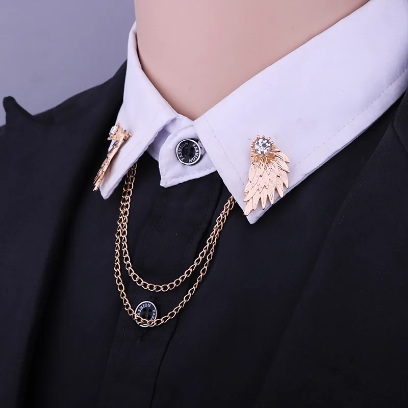 Vintage Angel Wings Collar Pin With Double Chain Alloy Rhinestone Shirt Accessory For Men Women Gothic Style