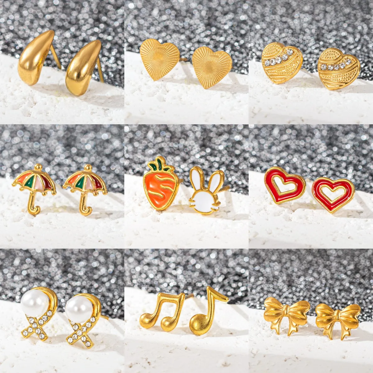 Boucles D'oreilles Puces En Acier Inoxydable Plaqué Or 18K Coeur Trèfle Papillon Croix Note Musique Bijoux