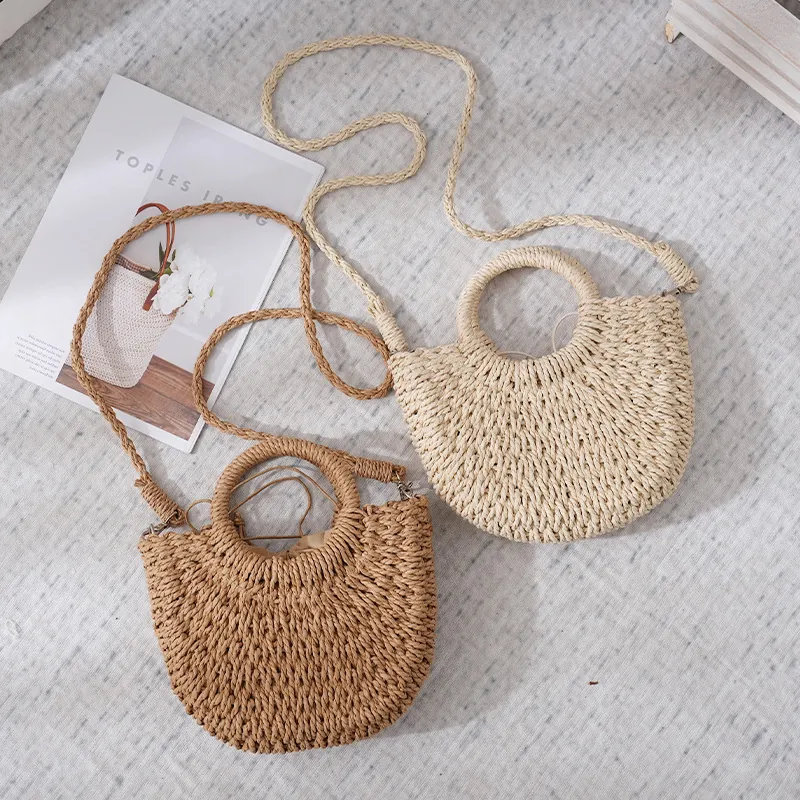Damen Gewebte Stroh Handtasche Papierschnur Halbmond Schulter Umhängetasche Böhmische Urlaubsstrand Kordelzugfutter