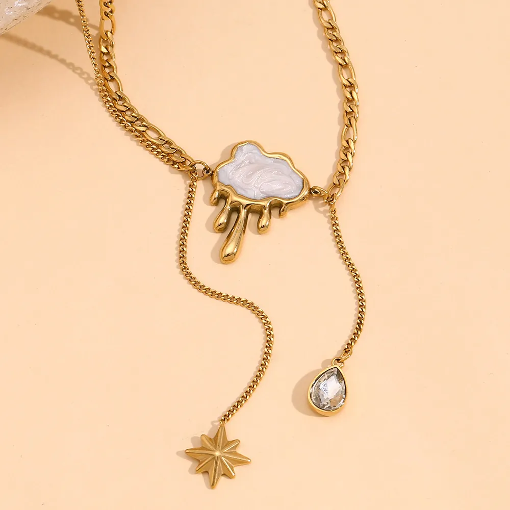 Double Layer Y Necklace Stainless Steel 18K Gold Plated Enamel Cloud Star Crystal Pendant For Women Fashion Jewelry