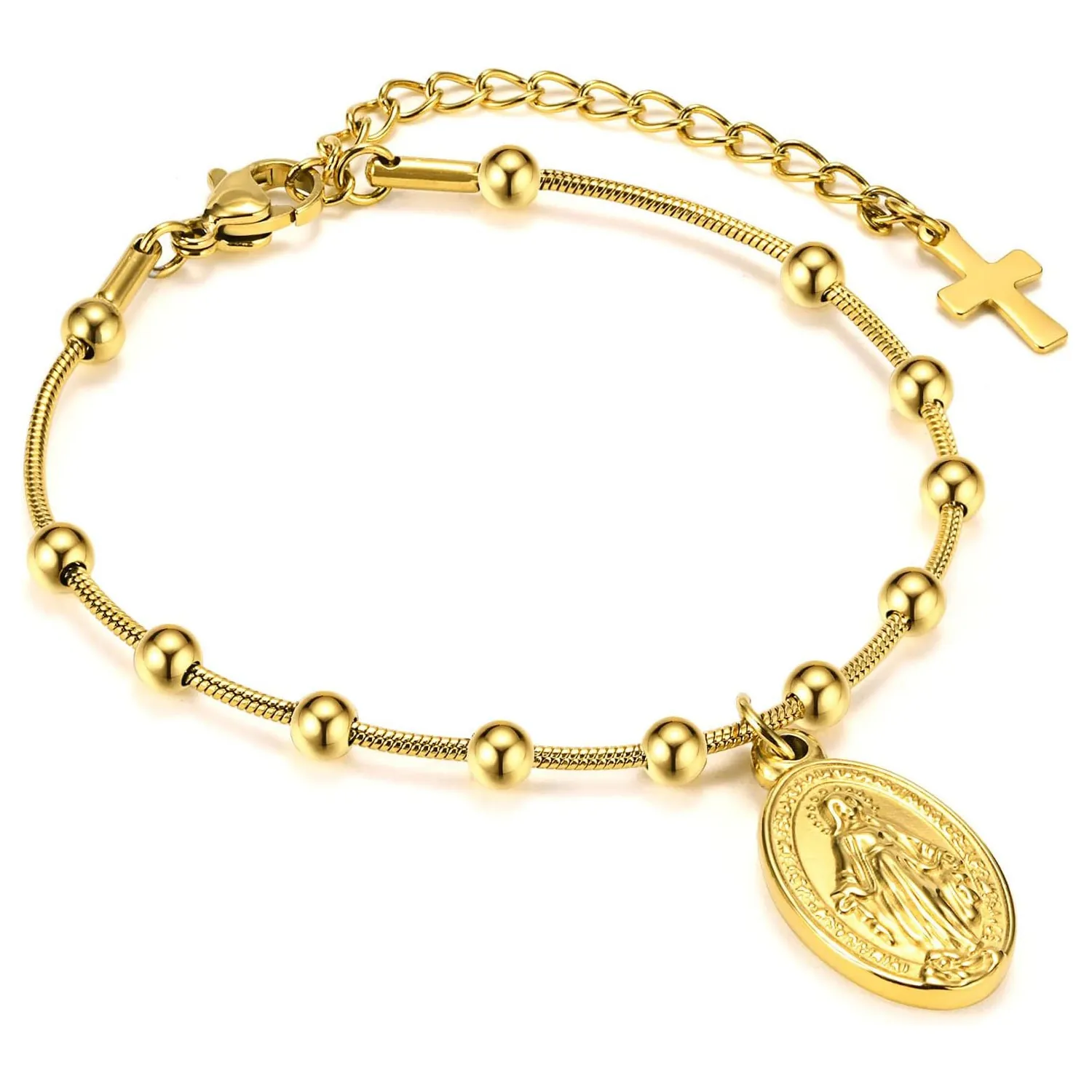 Stainless Steel Rosary Bracelet Gold Plated Beaded Chain With Virgin Mary Medal And Cross Charm For Women Religious Jewelry