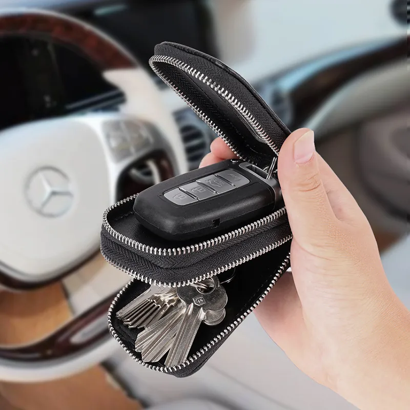 Genuine Leather Key Wallet Double Layer Litchi Pattern Cowhide Zipper Case Large Capacity Car Key Holder For Men Women