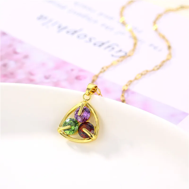 Triangular Hollow Pendant Necklace 18K Gold Plated Titanium Steel Colorful Zircon Stones For Women