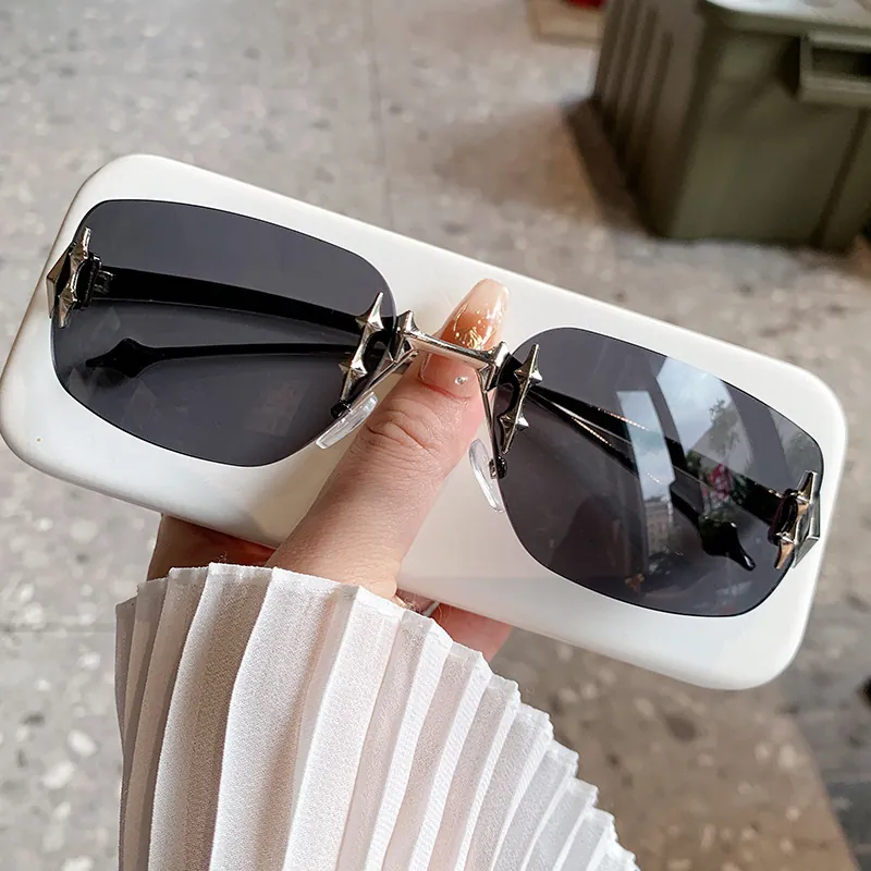Rimless Rectangle Sunglasses For Women With Star Cross Metal Decor Y2K Gothic Punk Style UV400 Protection Eyewear