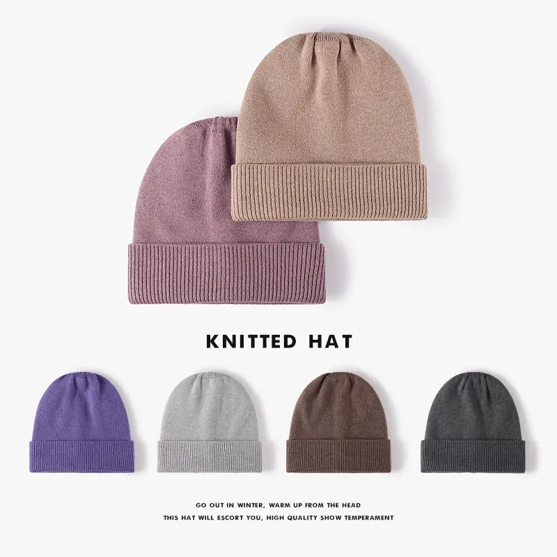 Women's Wool Blend Knitted Beanie Hat Warm Winter Cuffed Solid Color Ribbed Soft Skull Cap Outdoor Fashion Knit Hat