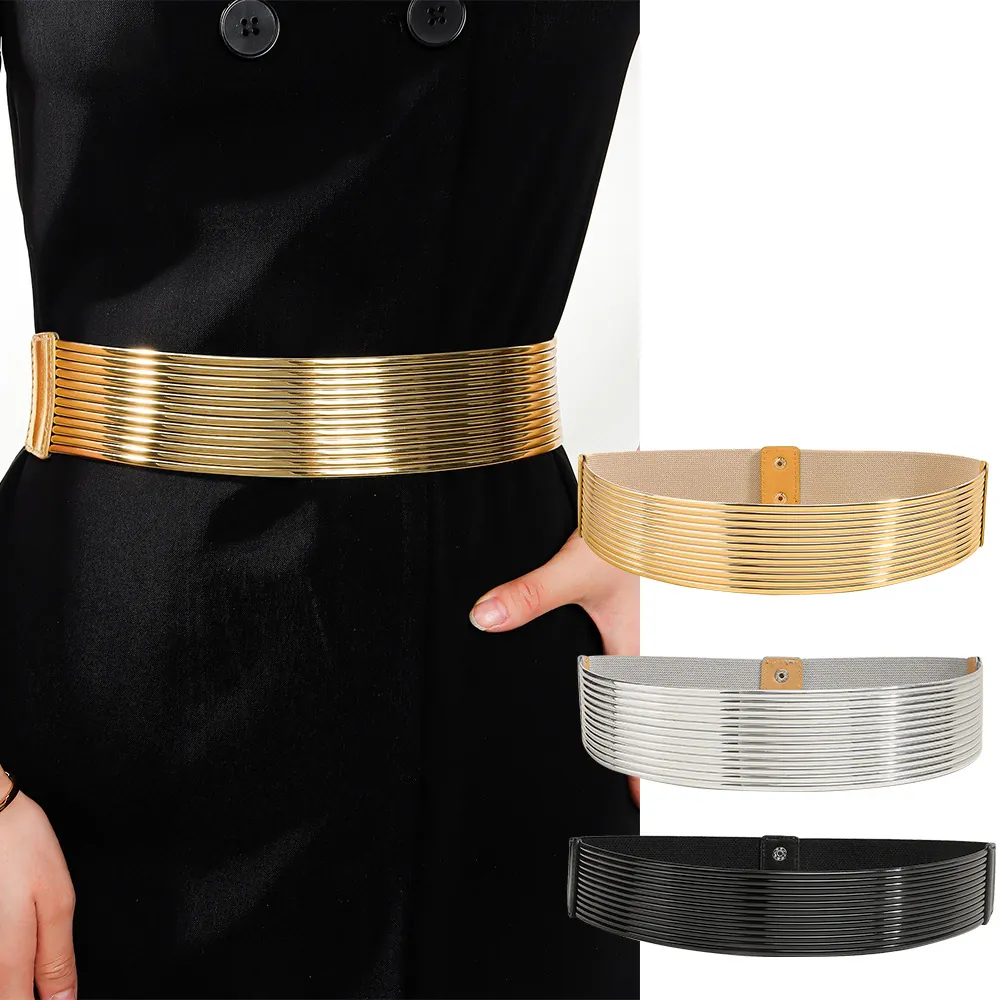 Dames Mode Metaalachtig Elastisch Brede Tailleband Rekbare Tailleband Voor Jurken Drukknoop Riem Punk Stijl Feest Accessoire