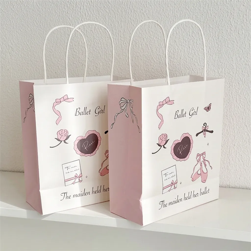 Gift Paper Bag Handbags With Handles For Valentine Birthday Party Favors Ballet Girl Bear Bowtie Patterns Kraft Style
