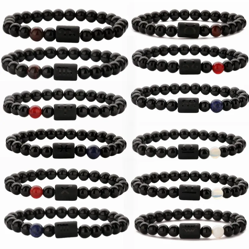 Tierkreis Sternzeichen Perlenarmband Naturstein Tigerauge Achat Matte Schwarze Perlen Elastischer Schmuck Herren Damen