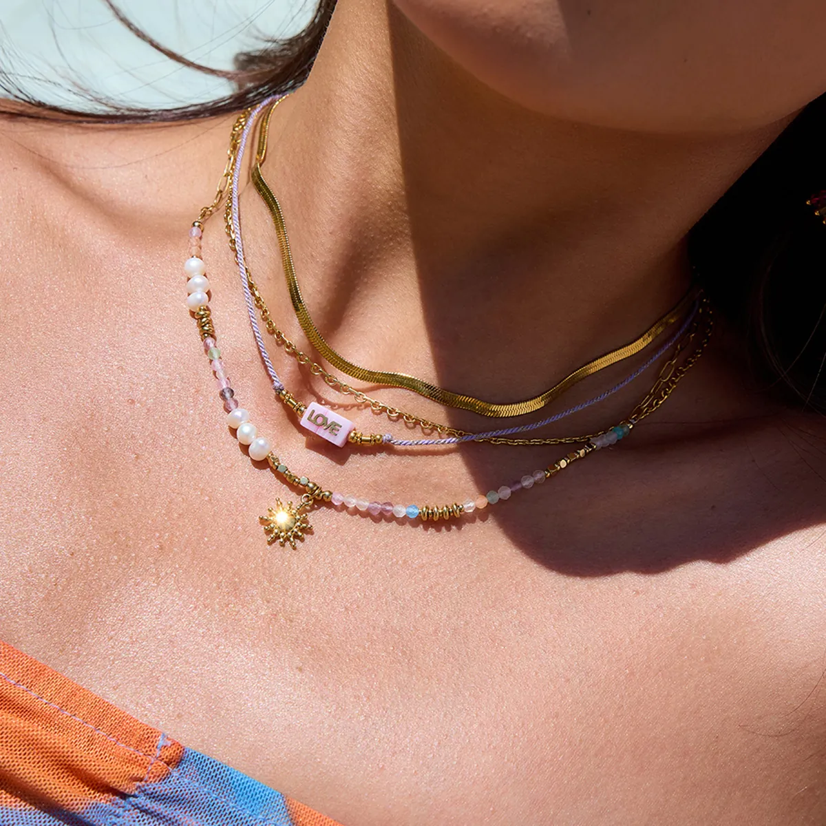 Stainless Steel Beaded Necklace For Women Freshwater Pearl Colorful Natural Stone Sun Pendant Love Letter Jewelry Summer
