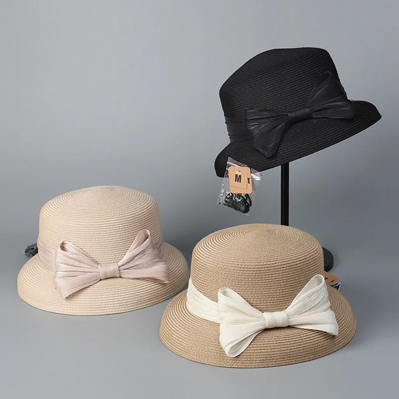 Cappello Di Paglia Donna Paglia Di Carta Poliestere Tesa Larga Decorazione Fiocco Protezione Solare Spiaggia Estate Stile Hepburn