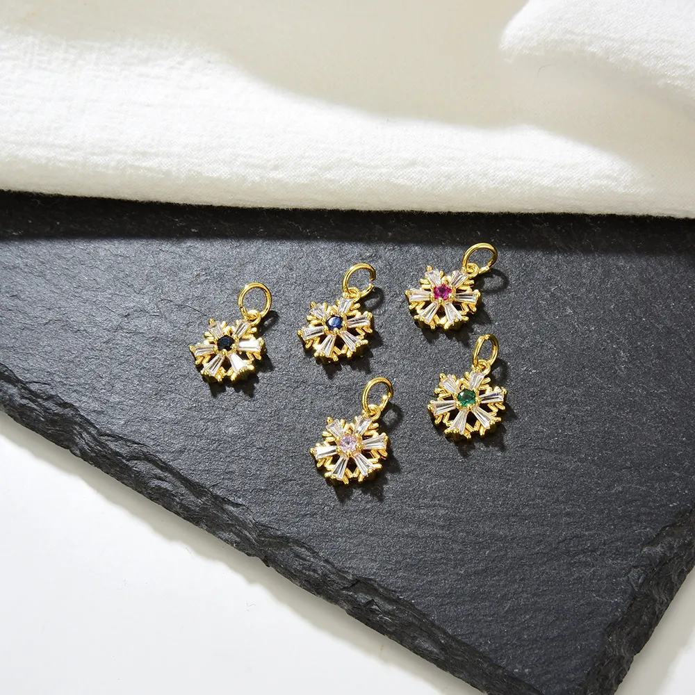 Snowflake Pendant Charm Copper Micro Pave Colorful Zircon Gold Plated For DIY Jewelry Making Elegant Women Accessory