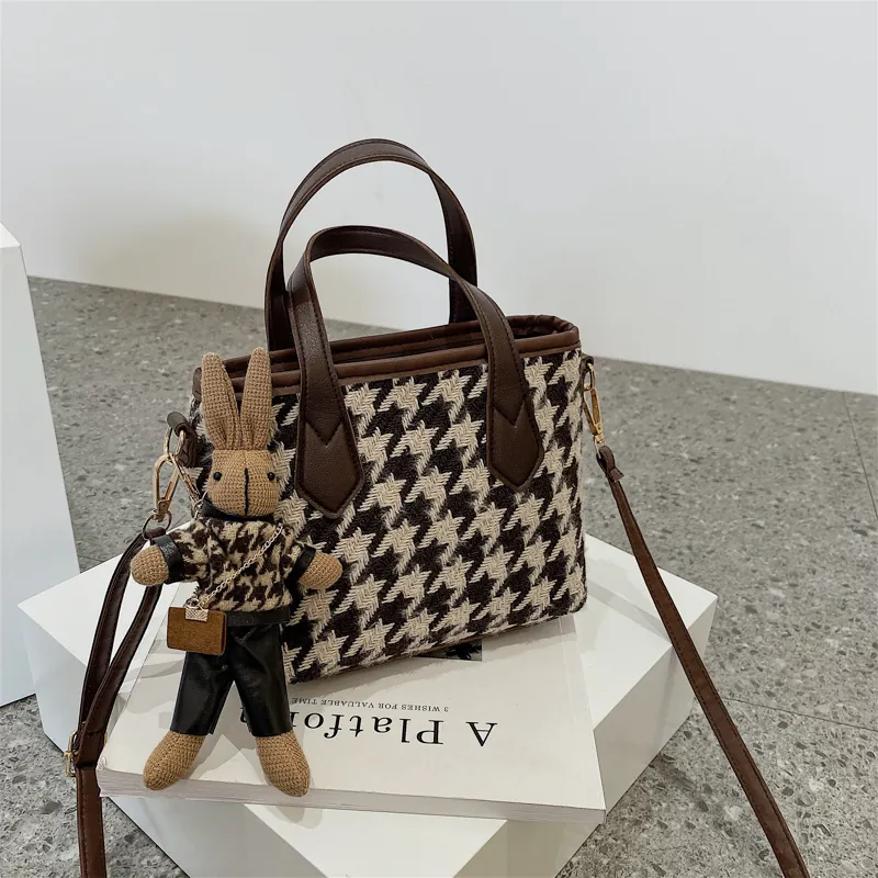 Mini Sac À Épaule Vintage Pied-De-Poule Damier En Laine Cuir PU Sac Bandoulière Main Avec Pendentif Lapin Pour Femmes